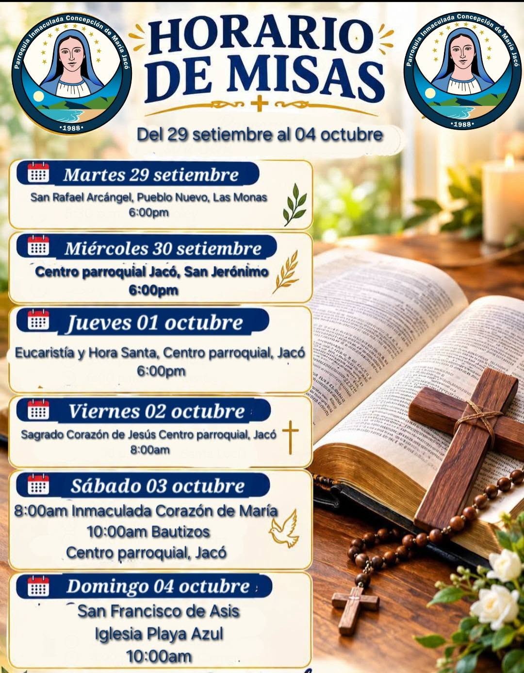 Horario de Misas — 29 de setiembre al 4 de octubre